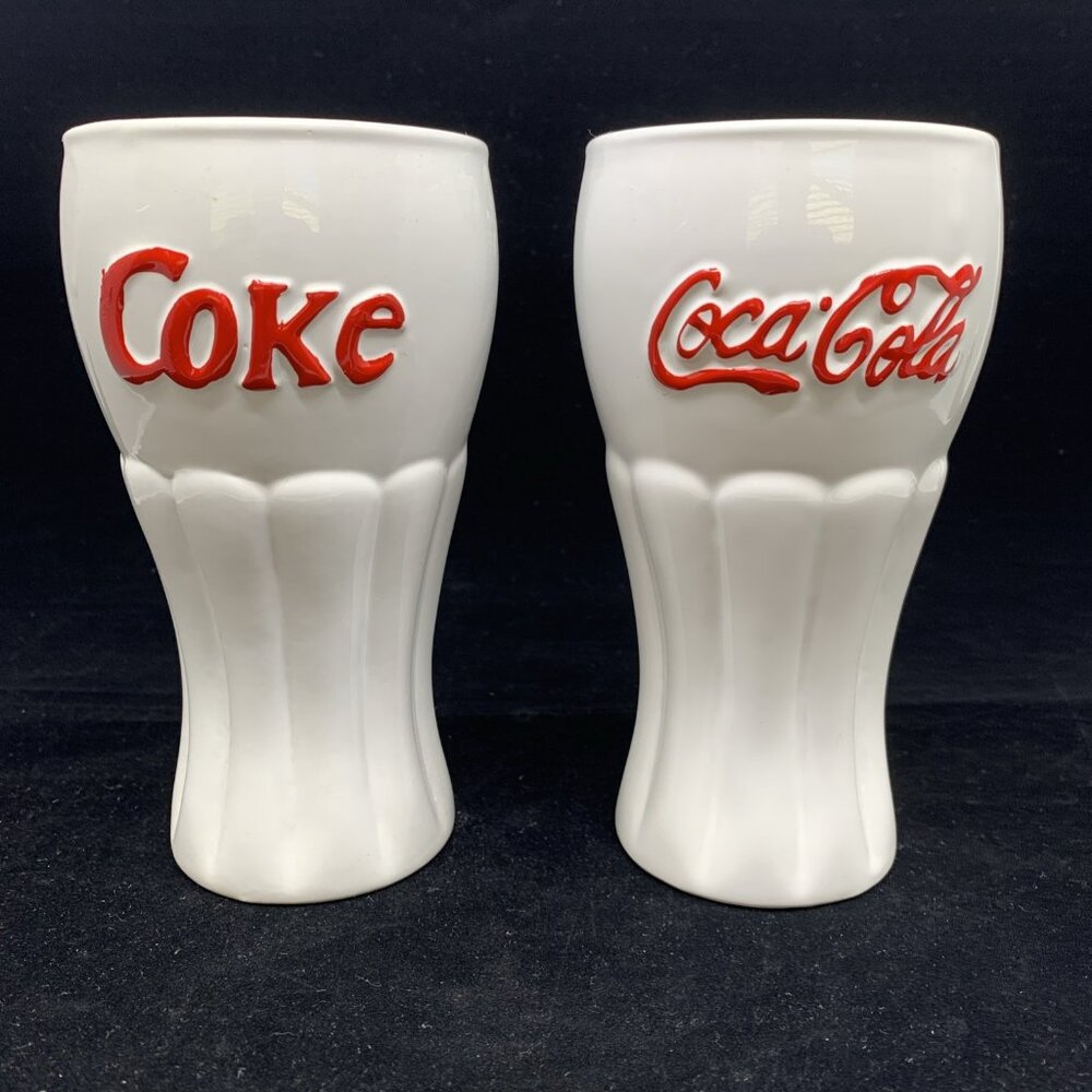 2 Coca-Cola White Ceramic Glasses Red Lettering Houston Harvest 6.25" Tall Vtg - Picture 2 of 11